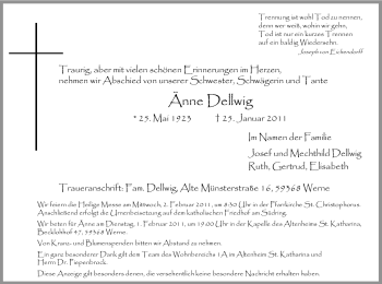 Traueranzeige von Änne Dellwig von WESTFÄLISCHER ANZEIGER