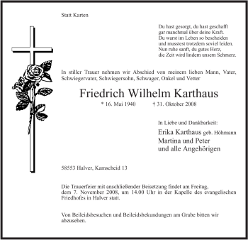 Traueranzeige von Friedrich Wilhlem Karthaus von WESTFÄLISCHER ANZEIGER