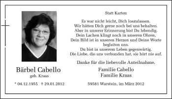 Traueranzeige von Bärbel Cabello von WESTFÄLISCHER ANZEIGER