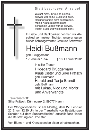 Traueranzeige von Heidi Bußmann von WESTFÄLISCHER ANZEIGER