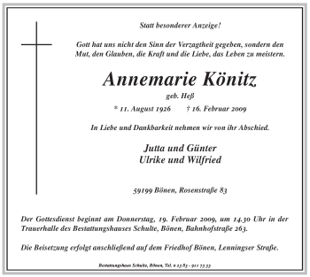 Traueranzeige von Annemarie Könitz von WESTFÄLISCHER ANZEIGER