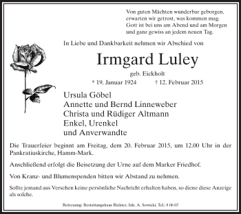 Traueranzeige von Irmgard Luley von MZV