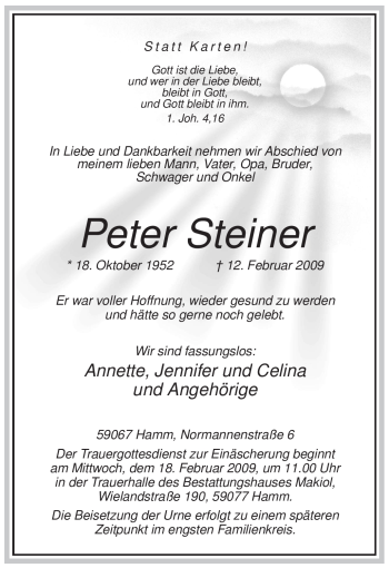 Traueranzeige von Peter Steiner von WESTFÄLISCHER ANZEIGER
