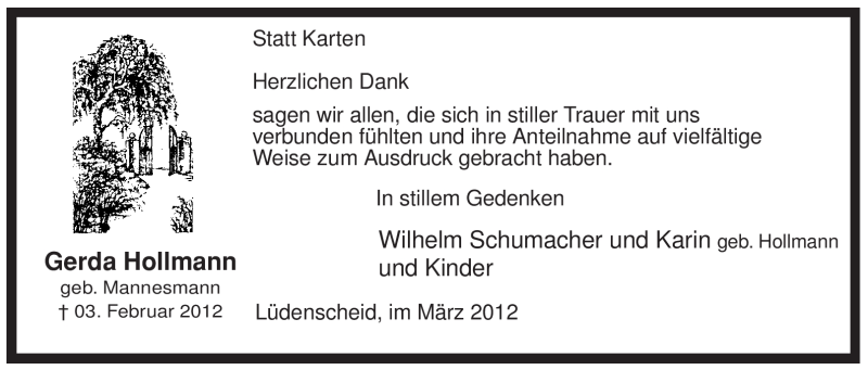  Traueranzeige für Gerda Hollmann vom 06.03.2012 aus WESTFÄLISCHER ANZEIGER