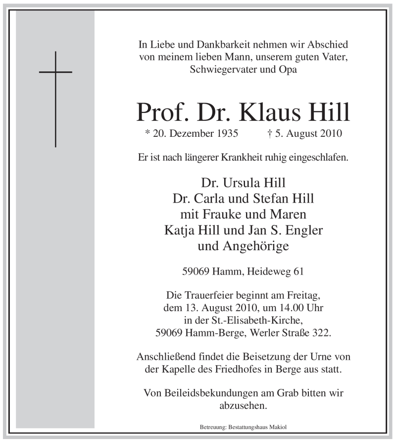  Traueranzeige für Klaus Hill vom 10.08.2010 aus WESTFÄLISCHER ANZEIGER