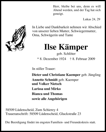 Traueranzeige von Ilse Kämper von WESTFÄLISCHER ANZEIGER