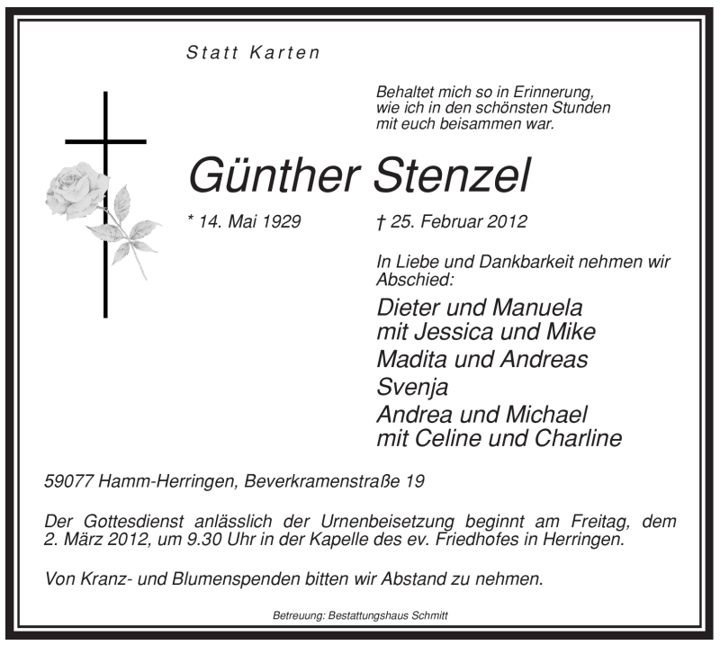  Traueranzeige für Günther Stenzel vom 01.03.2012 aus WESTFÄLISCHER ANZEIGER