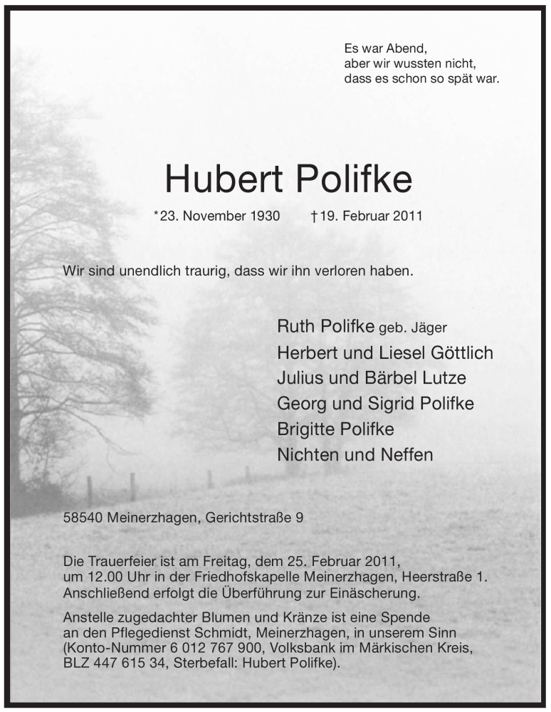  Traueranzeige für Hubert Polifke vom 22.02.2011 aus WESTFÄLISCHER ANZEIGER
