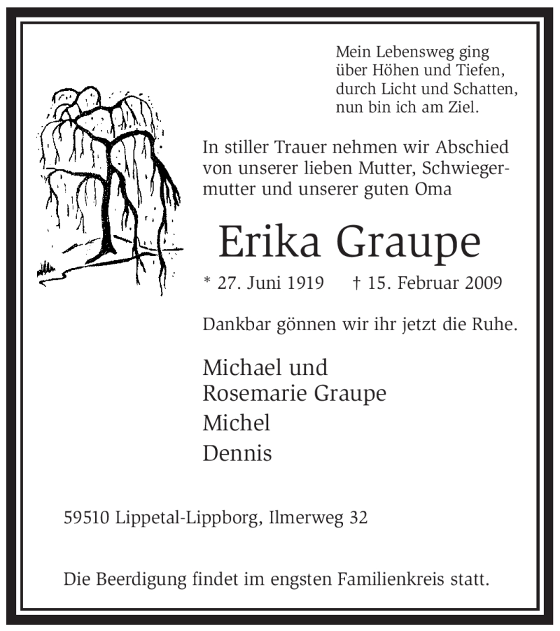  Traueranzeige für Erika Graupe vom 17.02.2009 aus WESTFÄLISCHER ANZEIGER