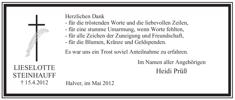  Traueranzeige für Lieselotte Steinhauff vom 08.05.2012 aus WESTFÄLISCHER ANZEIGER
