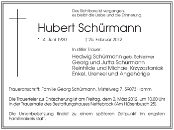 Traueranzeige von Hubert Schürmann von WESTFÄLISCHER ANZEIGER