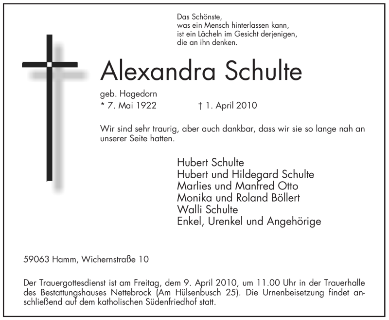  Traueranzeige für Alexandra Schulte vom 07.04.2010 aus WESTFÄLISCHER ANZEIGER
