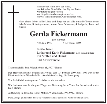Traueranzeige von Gerda Fickermann von WESTFÄLISCHER ANZEIGER
