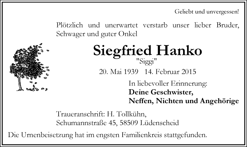  Traueranzeige für Siegfried Hanko vom 28.02.2015 aus MZV