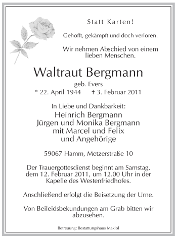 Traueranzeige von Waltraud Bergmann von WESTFÄLISCHER ANZEIGER