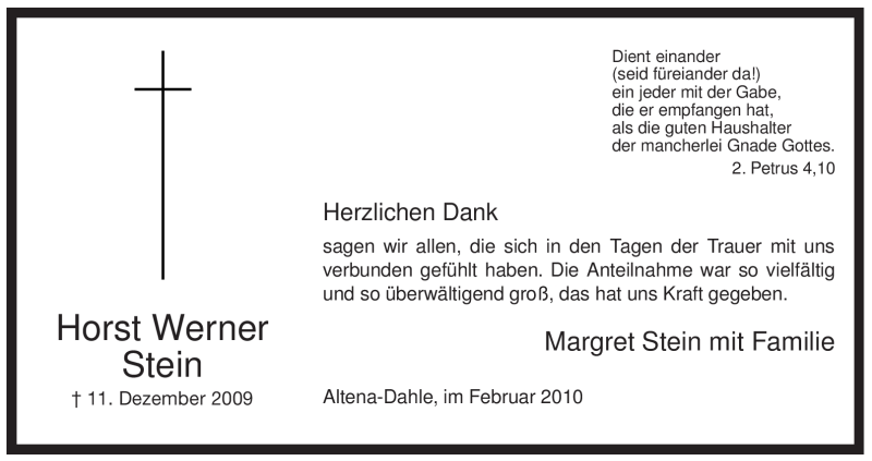  Traueranzeige für Horst Werner Stein vom 06.02.2010 aus WESTFÄLISCHER ANZEIGER