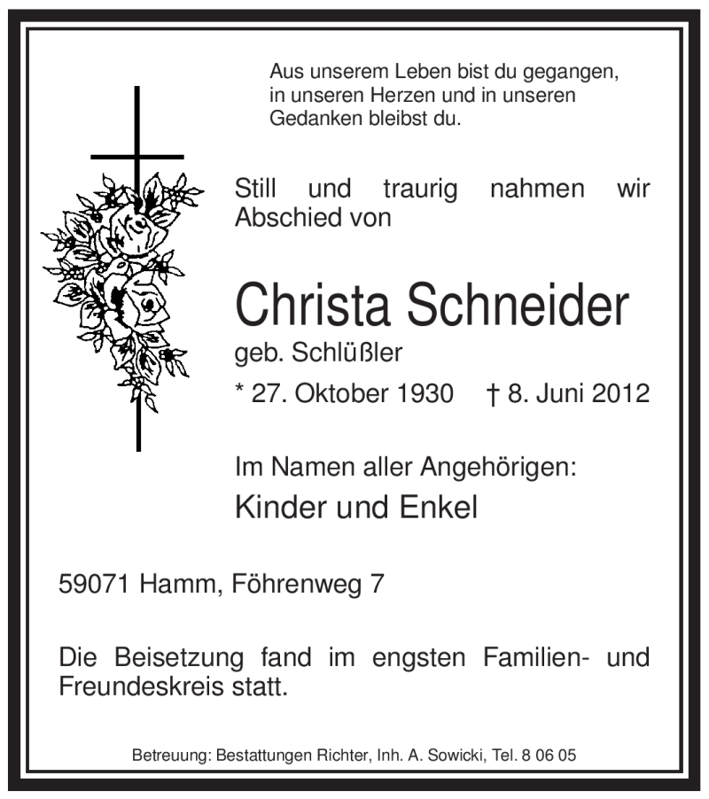  Traueranzeige für Christa Schneider vom 19.06.2012 aus WESTFÄLISCHER ANZEIGER