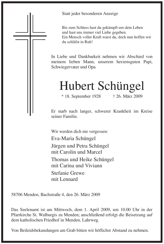  Traueranzeige für Hubert Schüngel vom 28.03.2009 aus WESTFÄLISCHER ANZEIGER