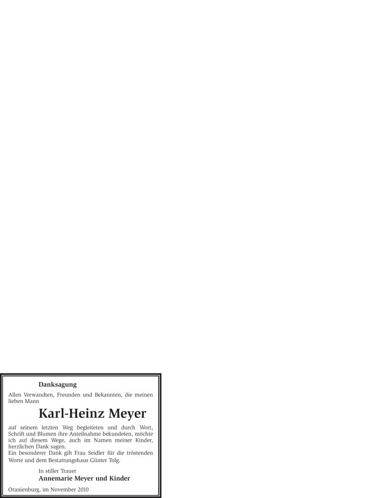  Traueranzeige für Karl-Heinz Meyer vom 27.11.2010 aus WESTFÄLISCHER ANZEIGER