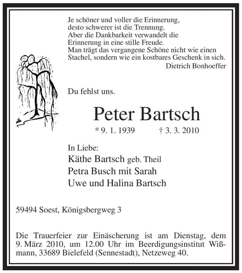  Traueranzeige für Peter Bartsch vom 06.03.2010 aus WESTFÄLISCHER ANZEIGER
