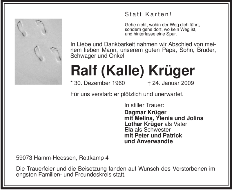  Traueranzeige für Ralf Krüger vom 31.01.2009 aus WESTFÄLISCHER ANZEIGER