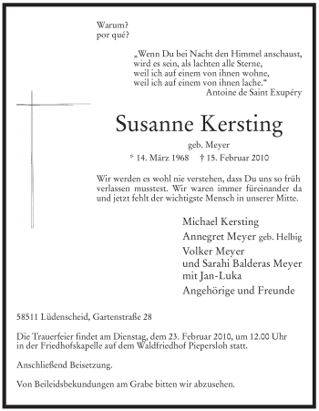Traueranzeige von Susanne Kersting von WESTFÄLISCHER ANZEIGER