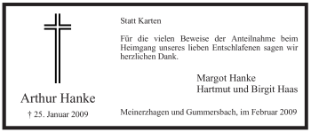 Traueranzeige von Arthur Hanke von WESTFÄLISCHER ANZEIGER