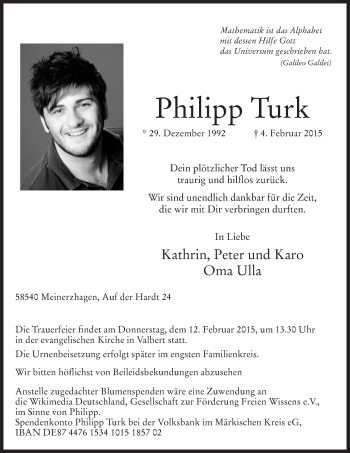 Traueranzeige von Philipp Turk von MZV