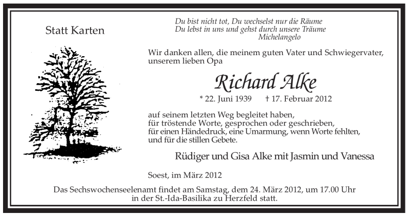  Traueranzeige für Richard Alke vom 17.03.2012 aus WESTFÄLISCHER ANZEIGER