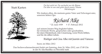 Traueranzeige von Richard Alke von WESTFÄLISCHER ANZEIGER