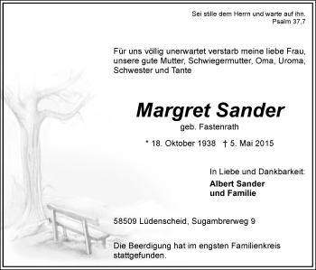 Traueranzeige von Margret Sander von MZV