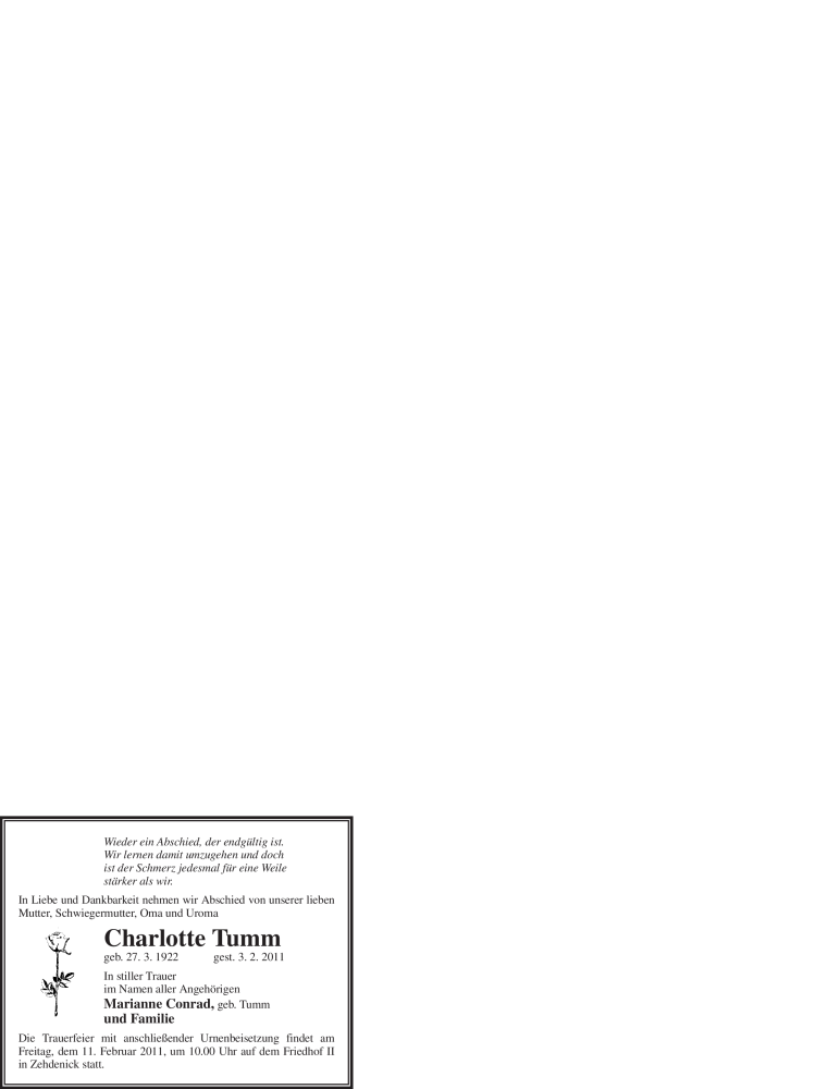  Traueranzeige für Charlotte Tumm vom 09.02.2011 aus WESTFÄLISCHER ANZEIGER