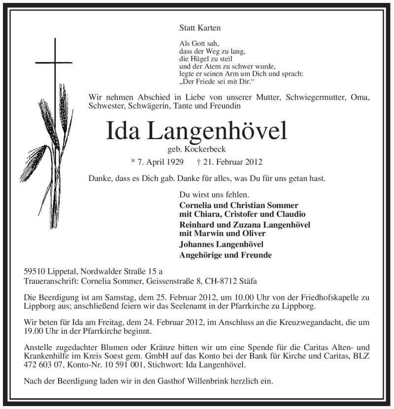  Traueranzeige für Ida Langenhövel vom 23.02.2012 aus WESTFÄLISCHER ANZEIGER