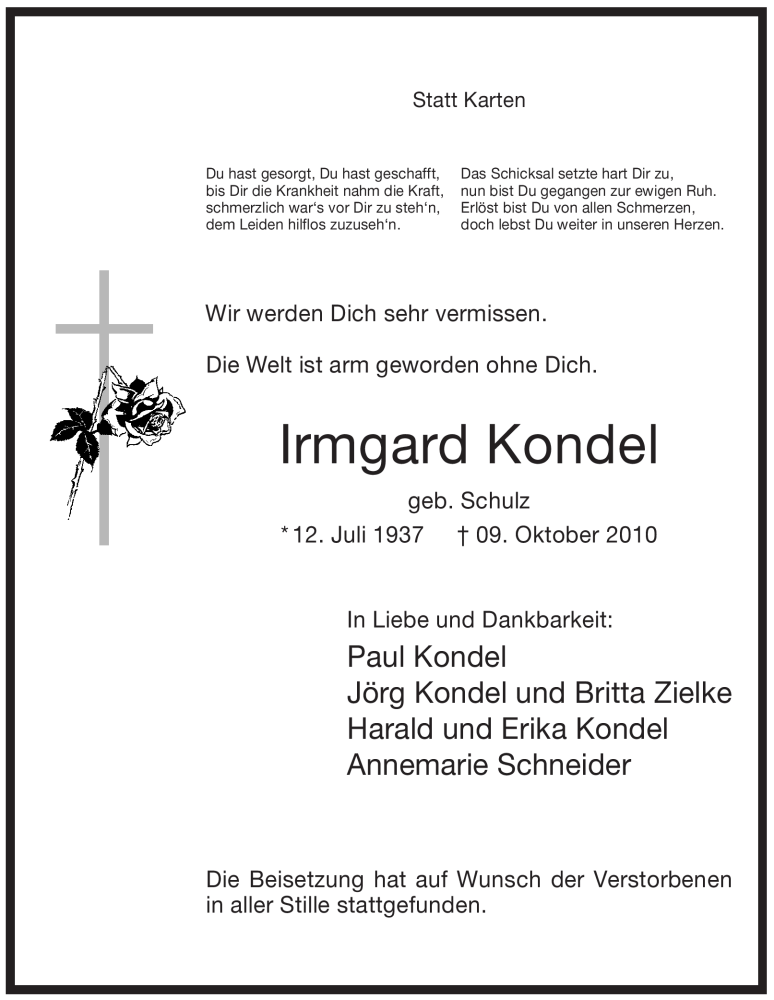  Traueranzeige für Irmgard Kondel vom 21.10.2010 aus WESTFÄLISCHER ANZEIGER