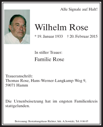 Traueranzeige von Wilhelm Rose von MZV