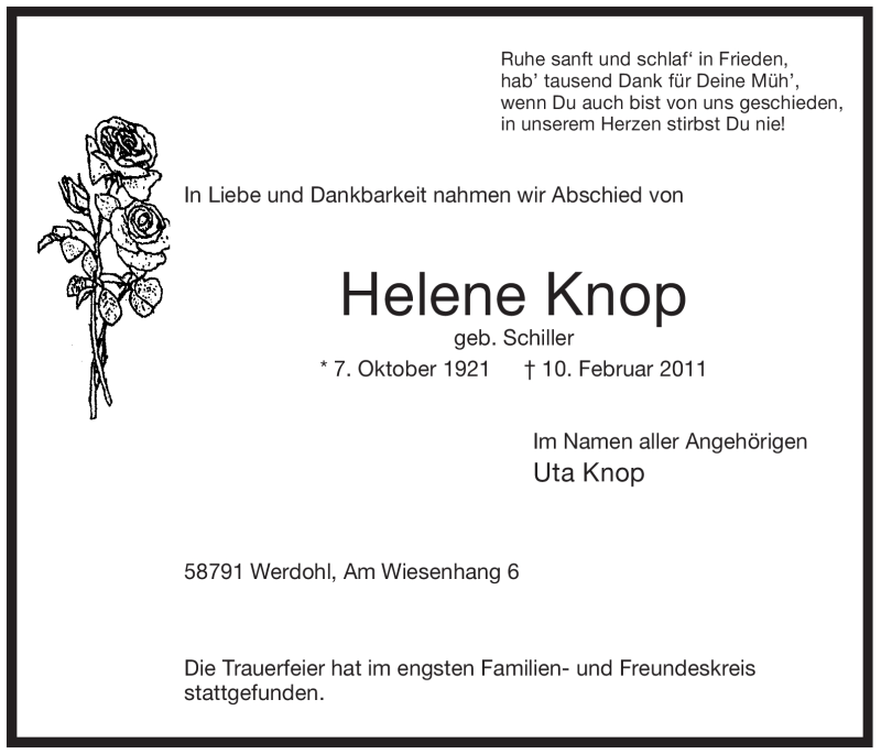  Traueranzeige für Helene Knop vom 22.02.2011 aus WESTFÄLISCHER ANZEIGER