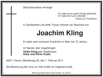 Traueranzeige von Joachim Kling von WESTFÄLISCHER ANZEIGER