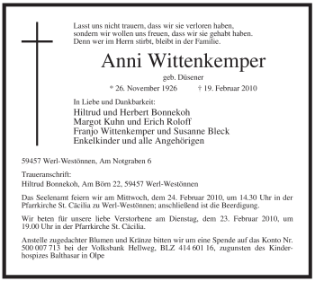 Traueranzeige von Anni Wittenkemper von WESTFÄLISCHER ANZEIGER