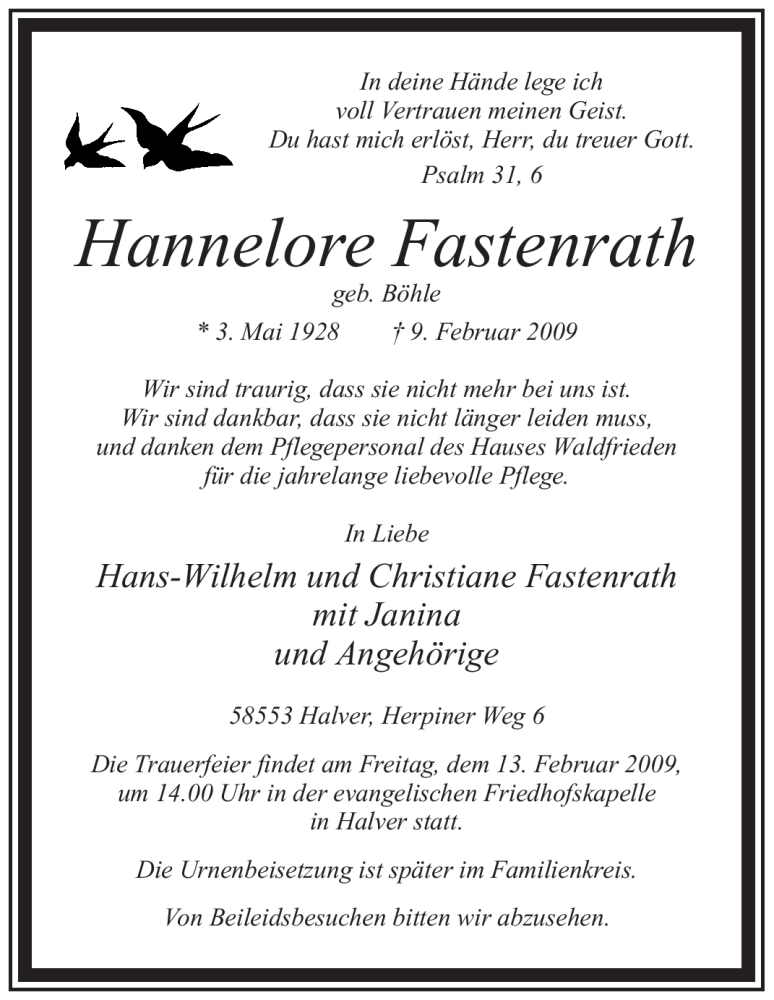  Traueranzeige für Hannelore Fastenrath vom 11.02.2009 aus WESTFÄLISCHER ANZEIGER