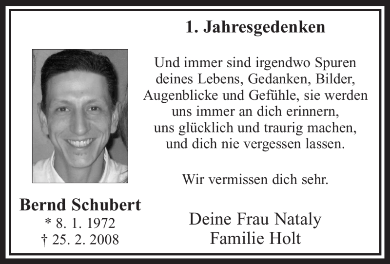  Traueranzeige für Bernd Schubert vom 25.02.2009 aus WESTFÄLISCHER ANZEIGER