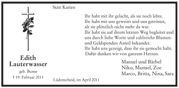Traueranzeige von Edith Lauterwasser von WESTFÄLISCHER ANZEIGER