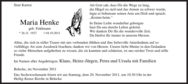  Traueranzeige für Maria Henke vom 12.11.2011 aus WESTFÄLISCHER ANZEIGER