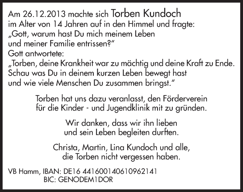  Traueranzeige für Torben Kundoch vom 24.12.2014 aus MZV