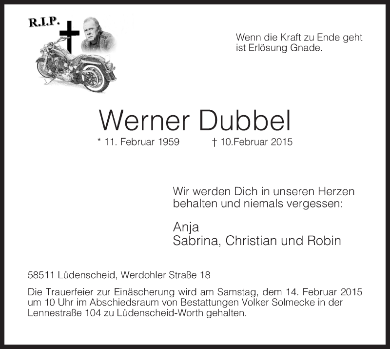 Traueranzeige für Werner Dubbel vom 12.02.2015 aus MZV