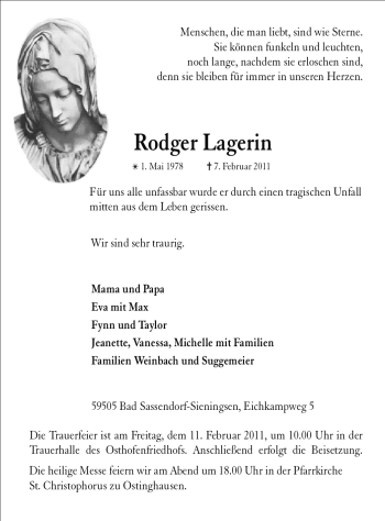 Traueranzeige von Rodger Lagerin von WESTFÄLISCHER ANZEIGER