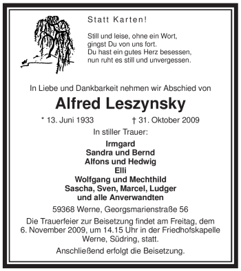 Traueranzeige von Alfred Leszynsky von WESTFÄLISCHER ANZEIGER