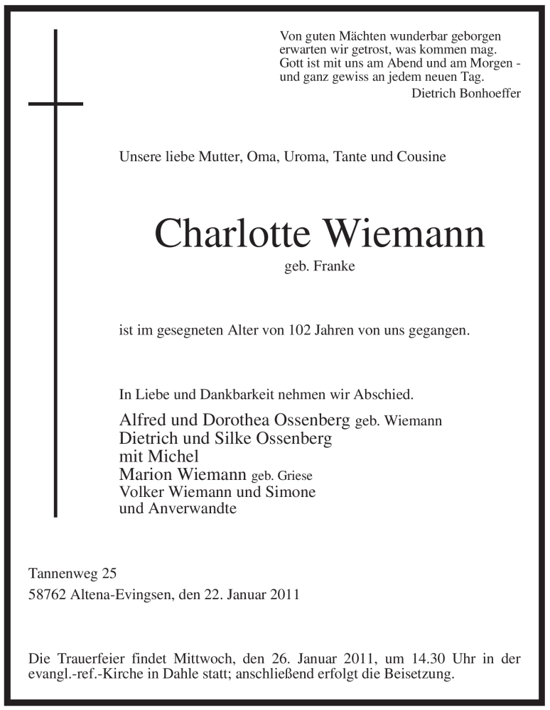  Traueranzeige für Carlotte Wiemann vom 24.01.2011 aus WESTFÄLISCHER ANZEIGER