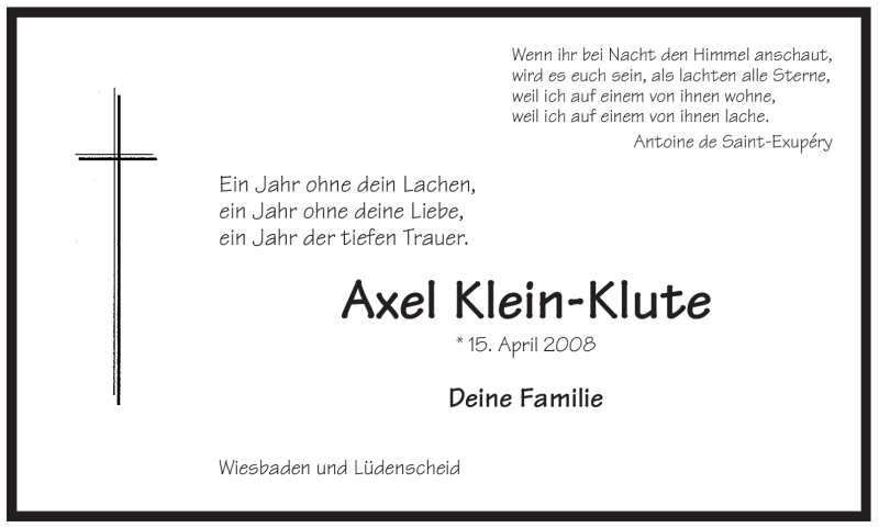  Traueranzeige für Axel Klein-Klute vom 15.04.2009 aus WESTFÄLISCHER ANZEIGER