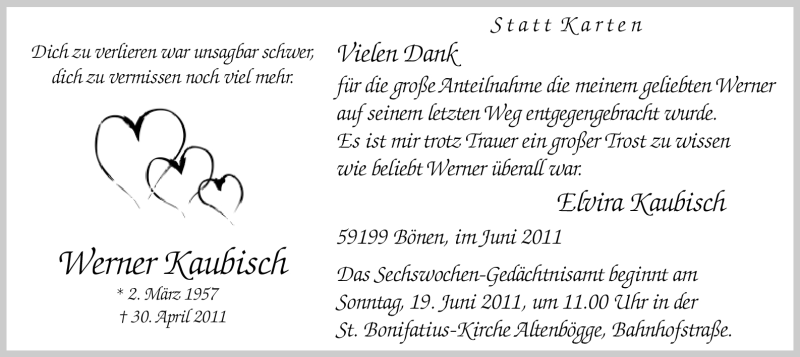  Traueranzeige für Werner Kaubisch vom 15.06.2011 aus WESTFÄLISCHER ANZEIGER