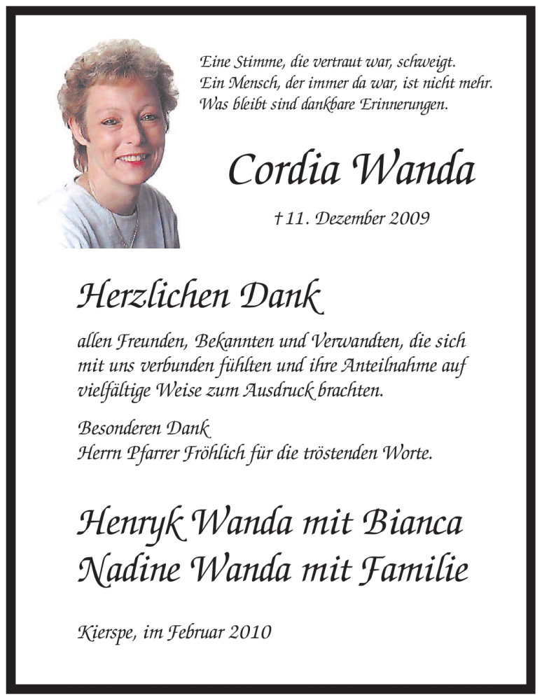  Traueranzeige für Cordia Wanda vom 06.02.2010 aus WESTFÄLISCHER ANZEIGER